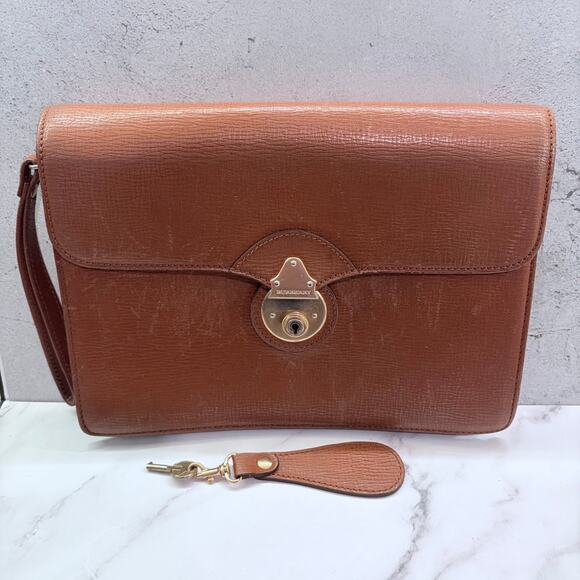 Vintage Burberry Brown Leather Clutch-Style Briefcase – Push Lock w/ Key - Picture 3 of 12